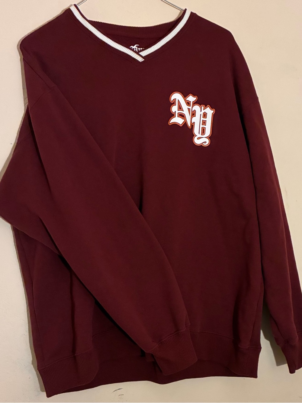 Hollister Maroon V-Neck Sweater with NY Crest
